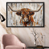 Highland Longhorn Cow Painted On Wood Rustic Cabin V3, Framed Canvas Print Wall Art Decor,Floating Frame