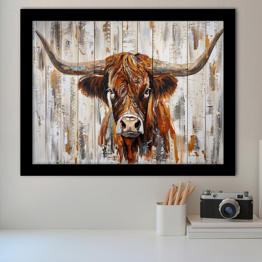 Highland Longhorn Cow Painted On Wood Rustic Cabin V3, Framed Art Print Wall Decor, Framed Picture