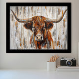 Highland Longhorn Cow Painted On Wood Rustic Cabin V3, Framed Art Print Wall Decor, Framed Picture