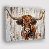 Highland Longhorn Cow Painted On Wood Rustic Cabin V3, Canvas Print Wall Art Decor, Landscape Art Print
