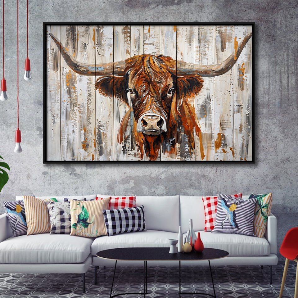 Highland Longhorn Cow Painted On Wood Rustic Cabin V3, Framed Canvas Print Wall Art Decor,Floating Frame