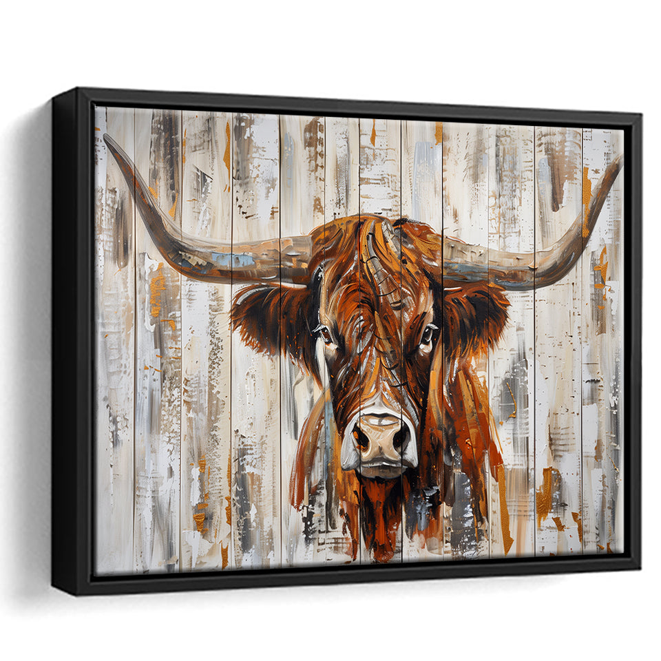 Highland Longhorn Cow Painted On Wood Rustic Cabin V3, Framed Canvas Print Wall Art Decor,Floating Frame