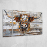 Highland Longhorn Cow Painted On Wood Rustic Cabin, Extra Large Multi 5 Panel Canvas Print Wall Art Decor