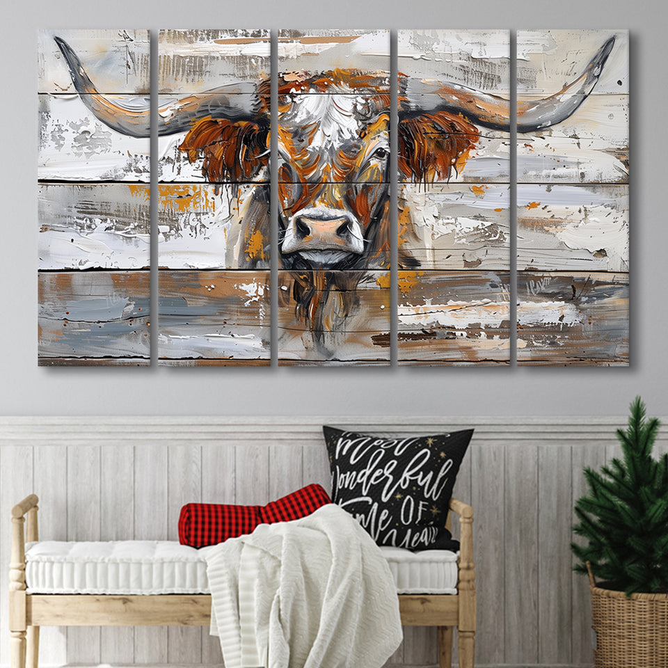 Highland Longhorn Cow Painted On Wood Rustic Cabin, Extra Large Multi 5 Panel Canvas Print Wall Art Decor