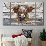 Highland Longhorn Cow Painted On Wood Rustic Cabin, Extra Large Multi 5 Panel Canvas Print Wall Art Decor