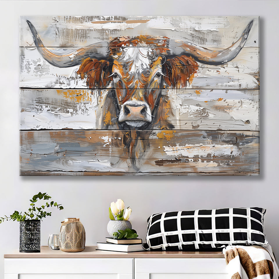 Highland Longhorn Cow Painted On Wood Rustic Cabin, Canvas Print Wall Art Decor, Landscape Art Print