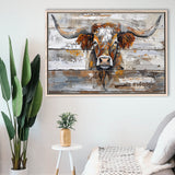 Highland Longhorn Cow Painted On Wood Rustic Cabin, Framed Canvas Print Wall Art Decor,Floating Frame