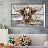 Highland Longhorn Cow Painted On Wood Rustic Cabin, Framed Canvas Print Wall Art Decor,Floating Frame