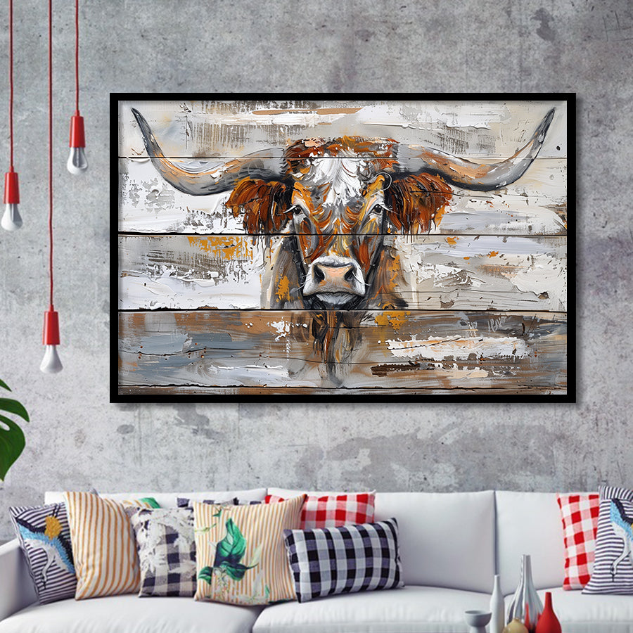 Highland Longhorn Cow Painted On Wood Rustic Cabin, Framed Art Print Wall Decor, Framed Picture