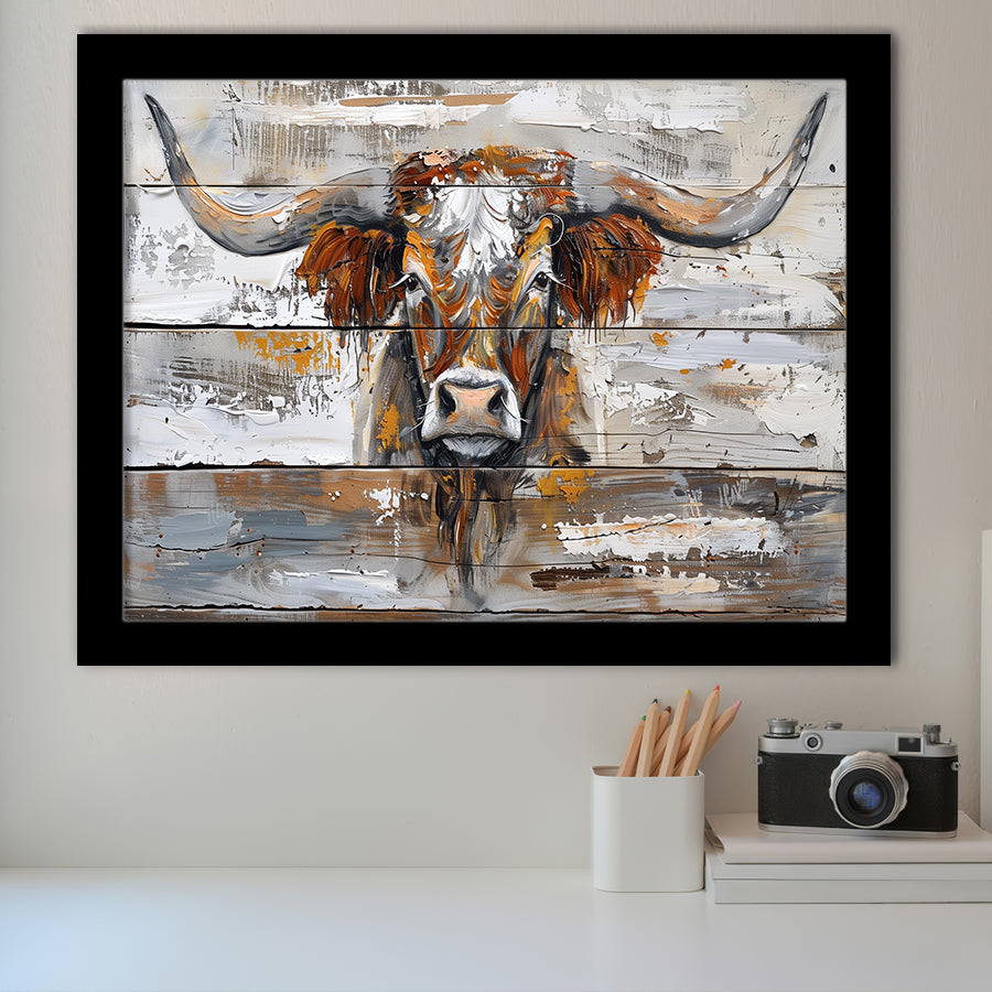 Highland Longhorn Cow Painted On Wood Rustic Cabin, Framed Art Print Wall Decor, Framed Picture