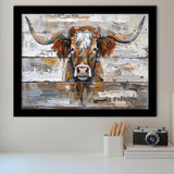 Highland Longhorn Cow Painted On Wood Rustic Cabin, Framed Art Print Wall Decor, Framed Picture