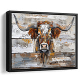 Highland Longhorn Cow Painted On Wood Rustic Cabin, Framed Canvas Print Wall Art Decor,Floating Frame