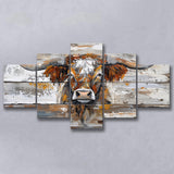 Highland Longhorn Cow Painted On Wood Rustic Cabin, Multi Panel Canvas Print Wall Art Decor, 5 Mixed Panel