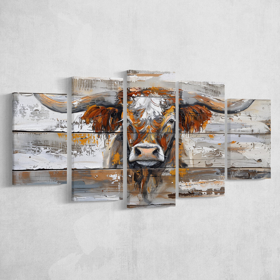 Highland Longhorn Cow Painted On Wood Rustic Cabin, Multi Panel Canvas Print Wall Art Decor, 5 Mixed Panel