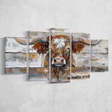 Highland Longhorn Cow Painted On Wood Rustic Cabin, Multi Panel Canvas Print Wall Art Decor, 5 Mixed Panel