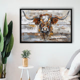 Highland Longhorn Cow Painted On Wood Rustic Cabin, Framed Canvas Print Wall Art Decor,Floating Frame