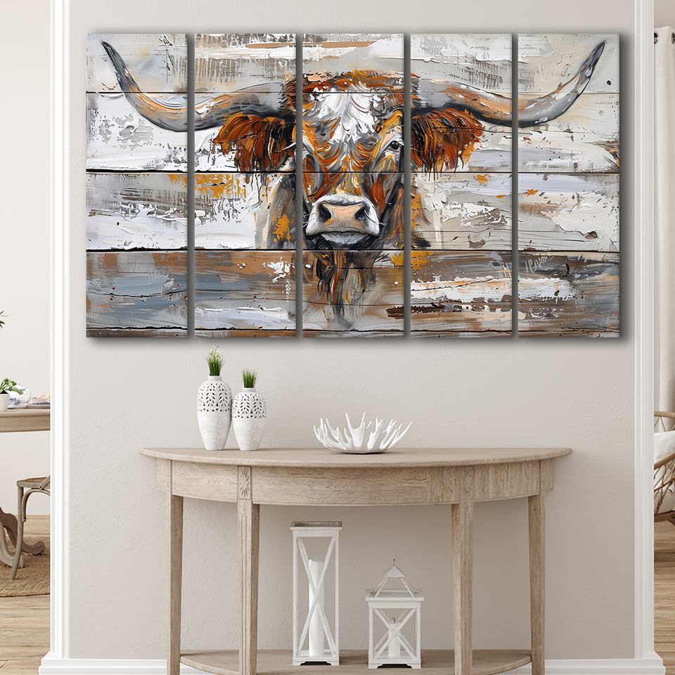 Highland Longhorn Cow Painted On Wood Rustic Cabin, Extra Large Multi 5 Panel Canvas Print Wall Art Decor