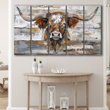 Highland Longhorn Cow Painted On Wood Rustic Cabin, Extra Large Multi 5 Panel Canvas Print Wall Art Decor