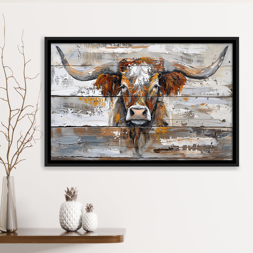 Highland Longhorn Cow Painted On Wood Rustic Cabin, Framed Canvas Print Wall Art Decor,Floating Frame
