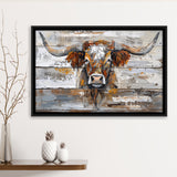 Highland Longhorn Cow Painted On Wood Rustic Cabin, Framed Canvas Print Wall Art Decor,Floating Frame