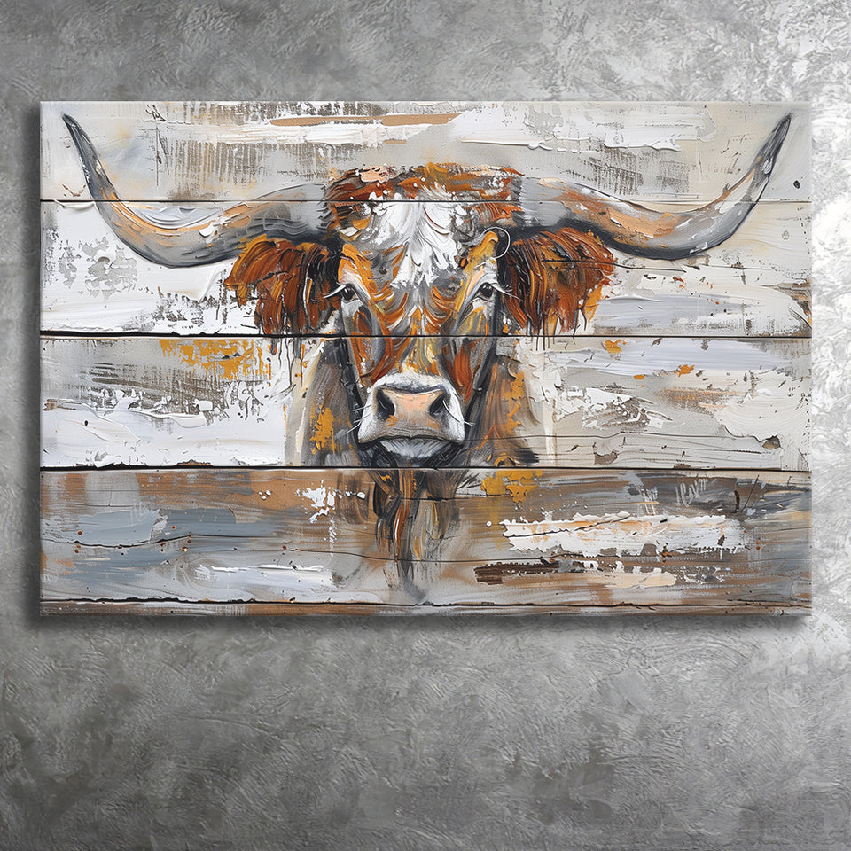 Highland Longhorn Cow Painted On Wood Rustic Cabin, Canvas Print Wall Art Decor, Landscape Art Print