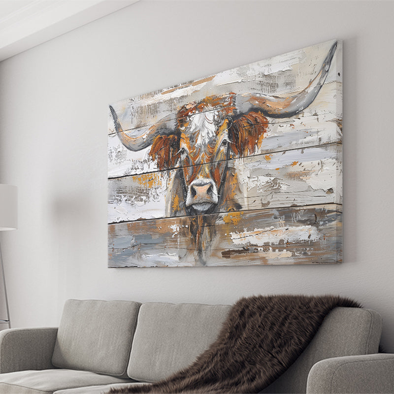 Highland Longhorn Cow Painted On Wood Rustic Cabin, Canvas Print Wall Art Decor, Landscape Art Print