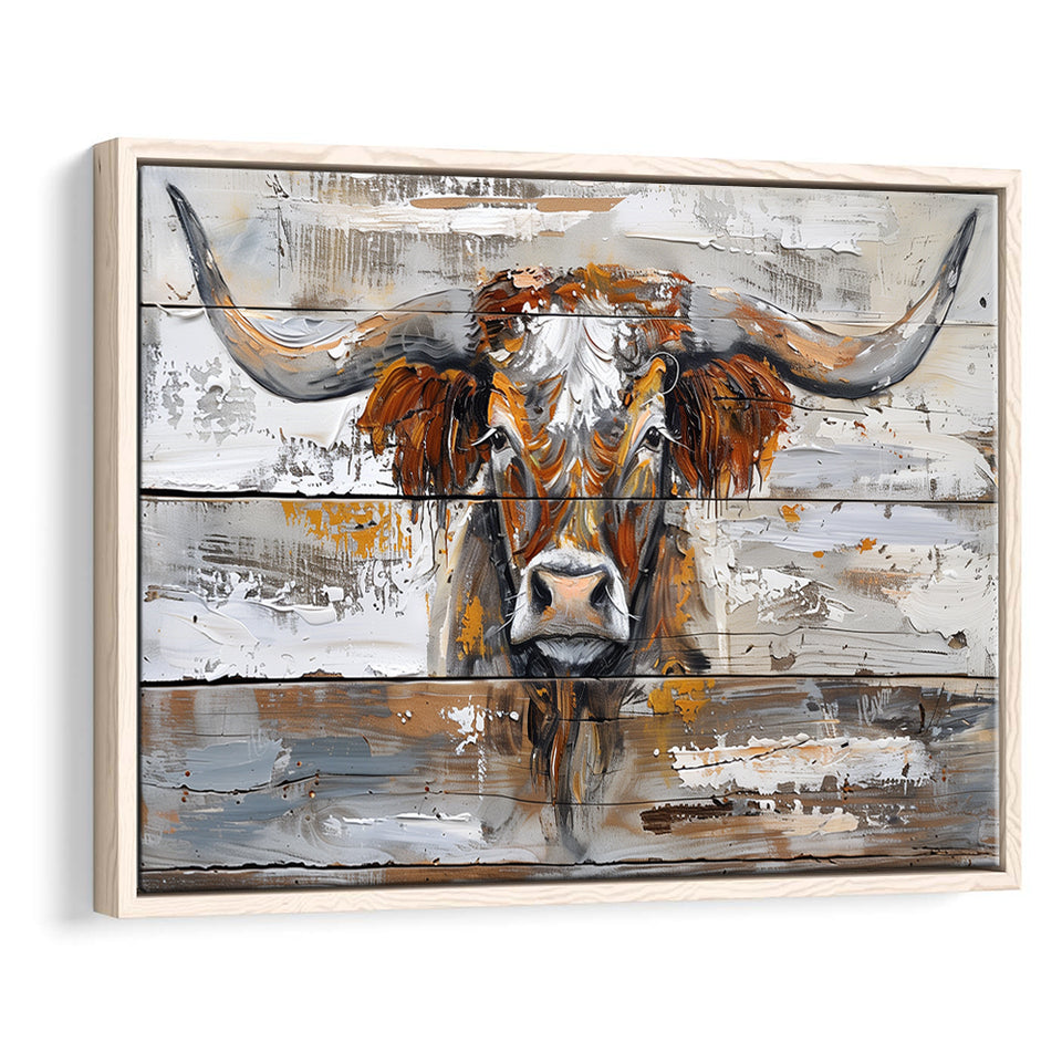 Highland Longhorn Cow Painted On Wood Rustic Cabin, Framed Canvas Print Wall Art Decor,Floating Frame