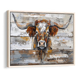 Highland Longhorn Cow Painted On Wood Rustic Cabin, Framed Canvas Print Wall Art Decor,Floating Frame