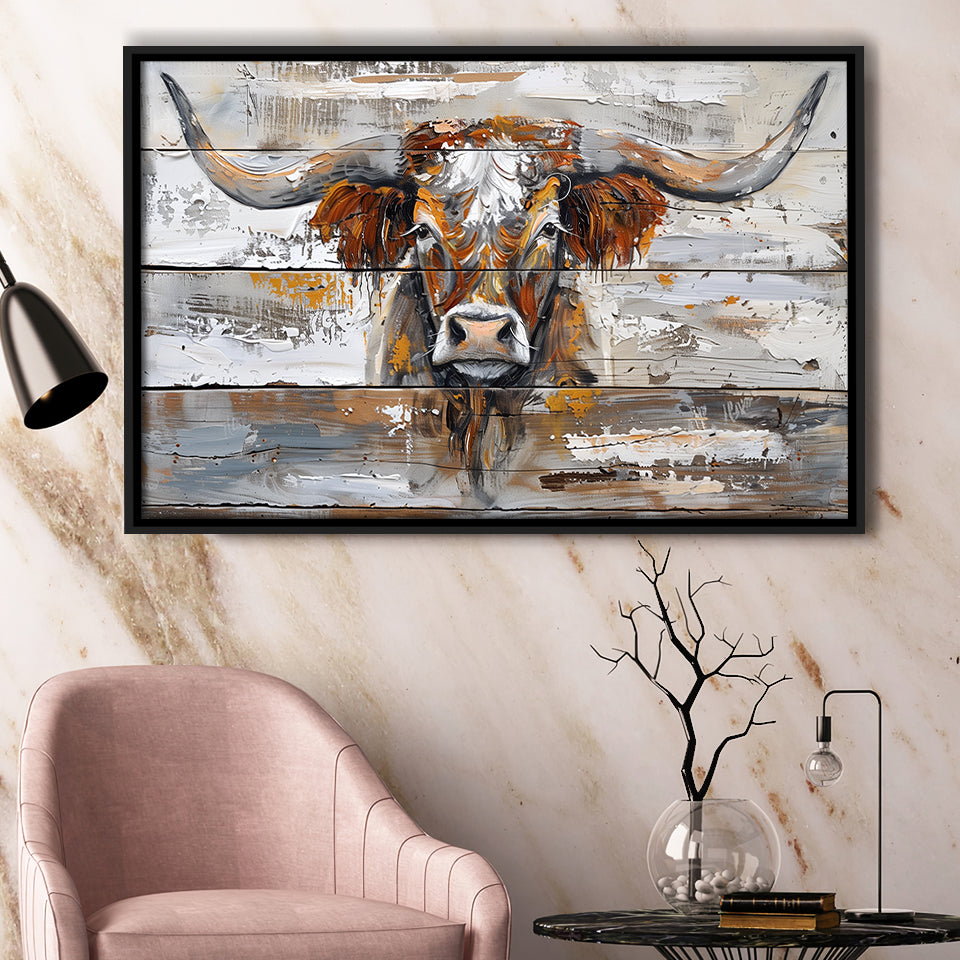 Highland Longhorn Cow Painted On Wood Rustic Cabin, Framed Canvas Print Wall Art Decor,Floating Frame