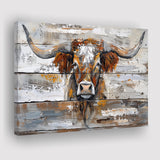 Highland Longhorn Cow Painted On Wood Rustic Cabin, Canvas Print Wall Art Decor, Landscape Art Print