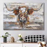 Highland Longhorn Cow Painted On Wood Rustic Cabin, Canvas Print Wall Art Decor, Landscape Art Print