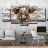 Highland Longhorn Cow Painted On Wood Rustic Cabin, Multi Panel Canvas Print Wall Art Decor, 5 Mixed Panel