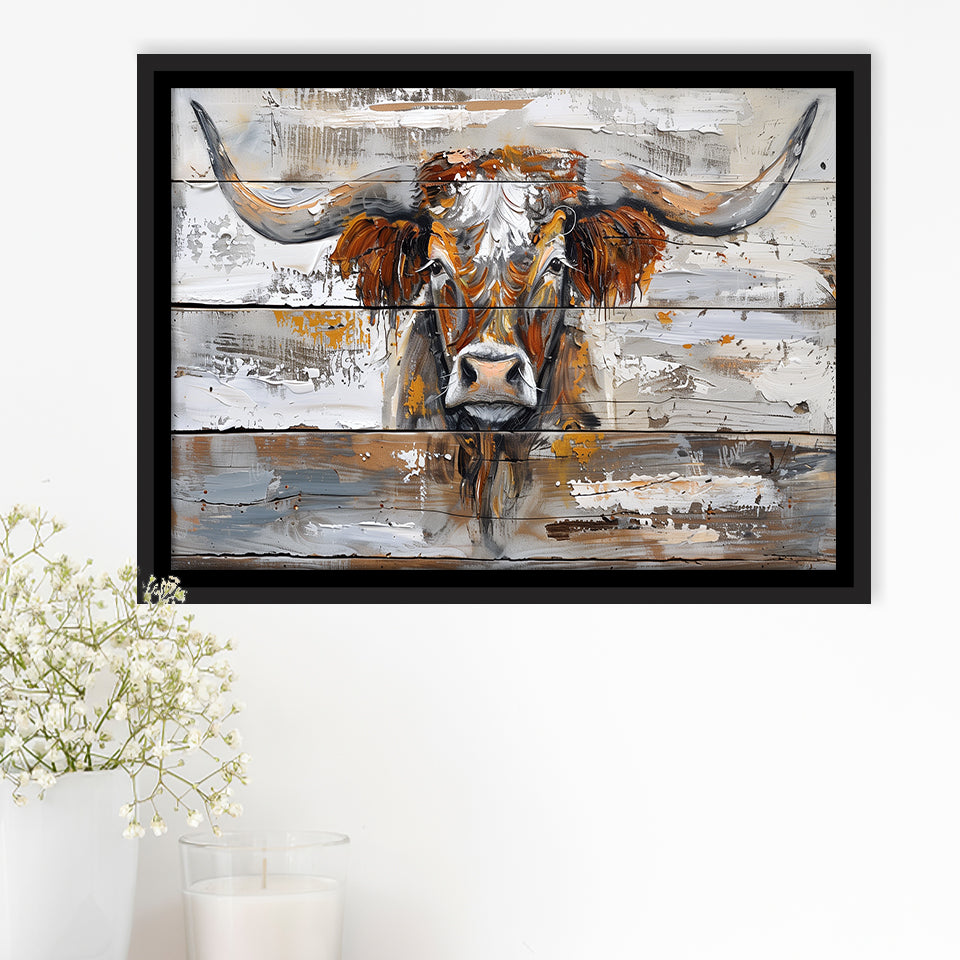 Highland Longhorn Cow Painted On Wood Rustic Cabin, Framed Canvas Print Wall Art Decor,Floating Frame