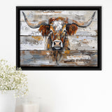 Highland Longhorn Cow Painted On Wood Rustic Cabin, Framed Canvas Print Wall Art Decor,Floating Frame