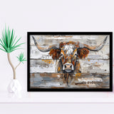 Highland Longhorn Cow Painted On Wood Rustic Cabin, Framed Art Print Wall Decor, Framed Picture