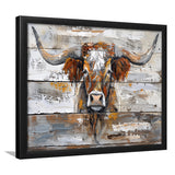 Highland Longhorn Cow Painted On Wood Rustic Cabin, Framed Art Print Wall Decor, Framed Picture
