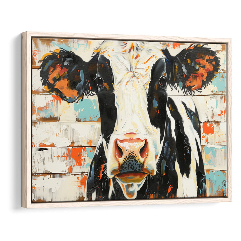 Hignland Cow Painted On Wood Rustic Cabin V4, Framed Canvas Print Wall Art Decor,Floating Frame