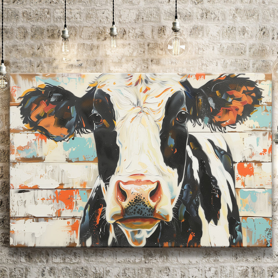 Hignland Cow Painted On Wood Rustic Cabin V4, Canvas Print Wall Art Decor, Landscape Art Print