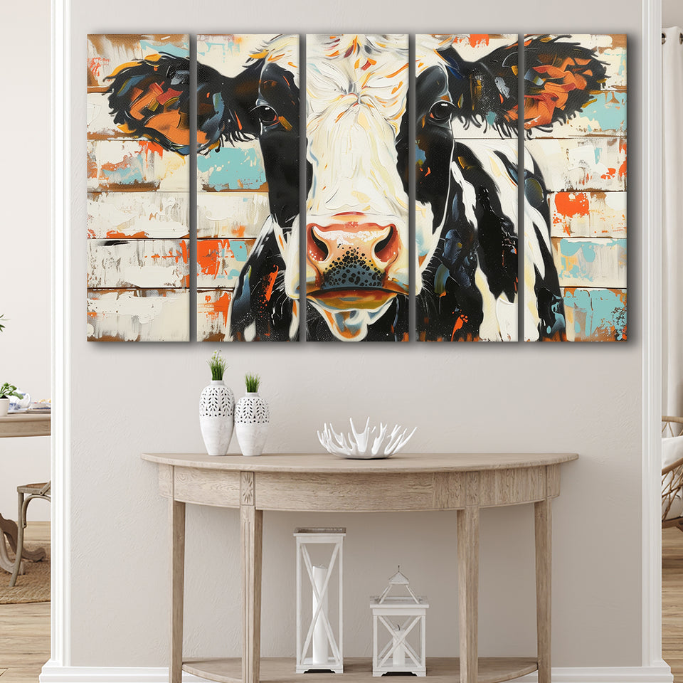 Hignland Cow Painted On Wood Rustic Cabin V4, Extra Large Multi 5 Panel Canvas Print Wall Art Decor