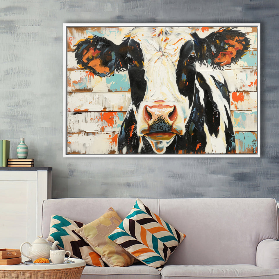Hignland Cow Painted On Wood Rustic Cabin V4, Framed Canvas Print Wall Art Decor,Floating Frame