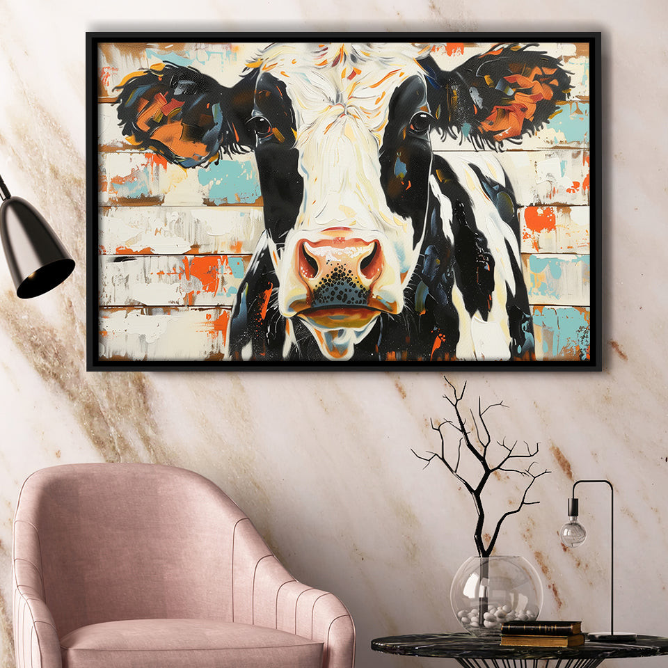 Hignland Cow Painted On Wood Rustic Cabin V4, Framed Canvas Print Wall Art Decor,Floating Frame