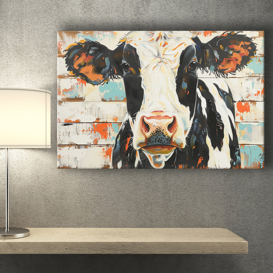 Hignland Cow Painted On Wood Rustic Cabin V4, Canvas Print Wall Art Decor, Landscape Art Print