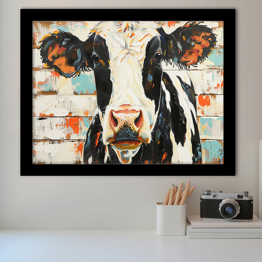 Hignland Cow Painted On Wood Rustic Cabin V4, Framed Art Print Wall Decor, Framed Picture
