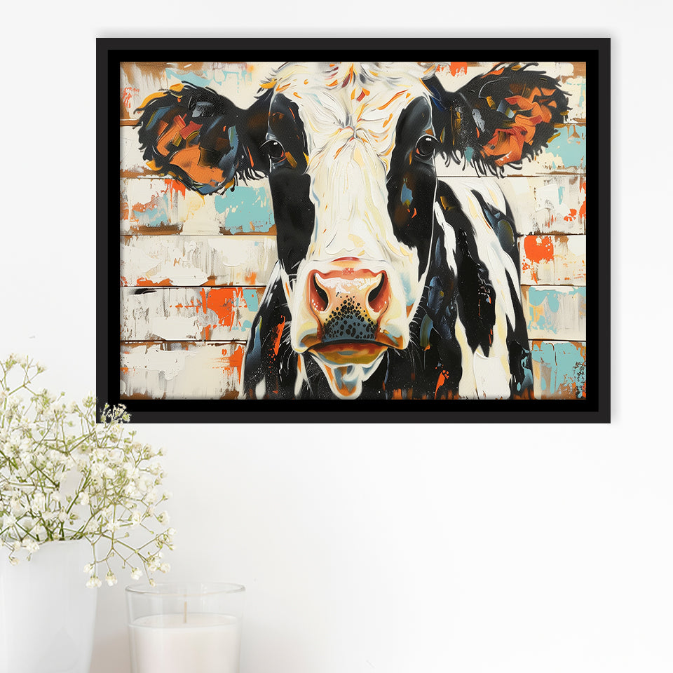 Hignland Cow Painted On Wood Rustic Cabin V4, Framed Canvas Print Wall Art Decor,Floating Frame
