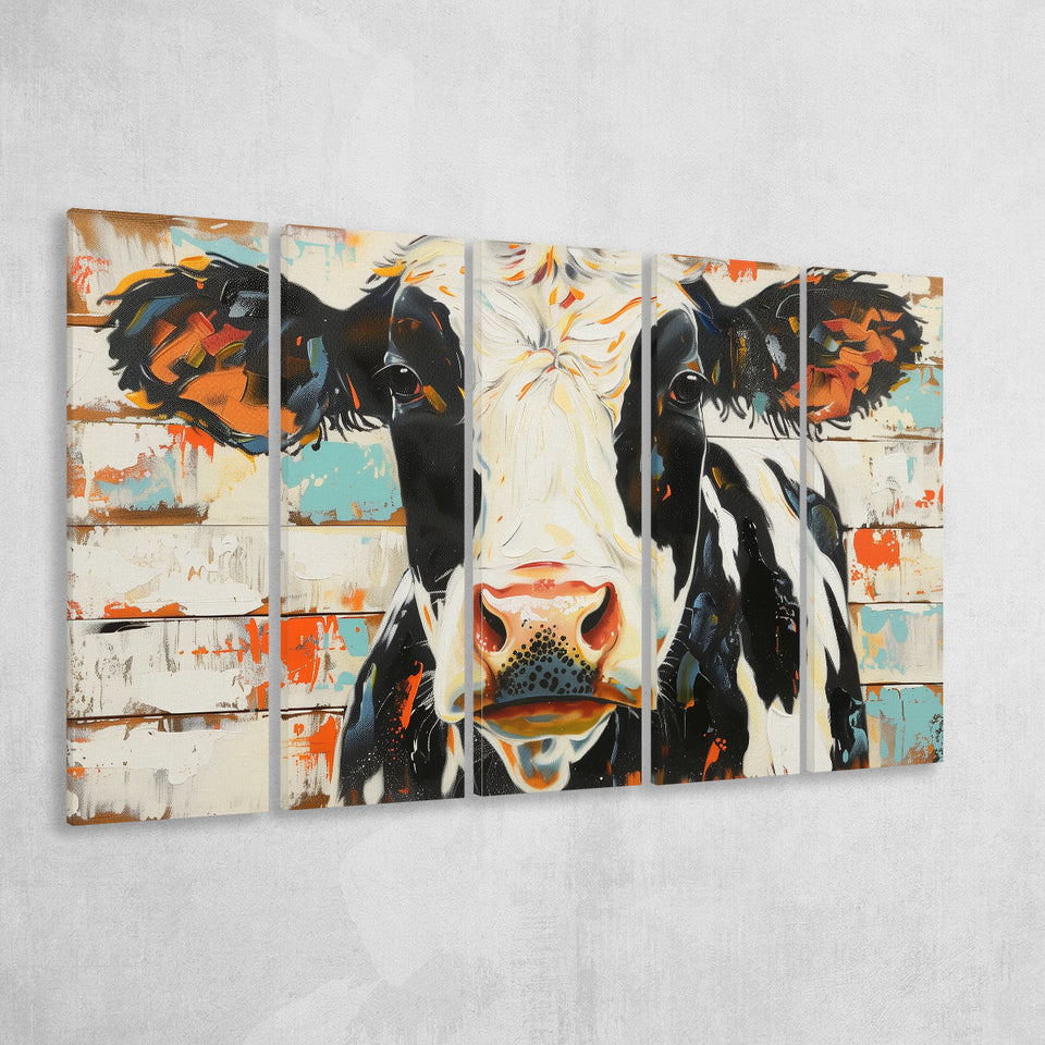 Hignland Cow Painted On Wood Rustic Cabin V4, Extra Large Multi 5 Panel Canvas Print Wall Art Decor