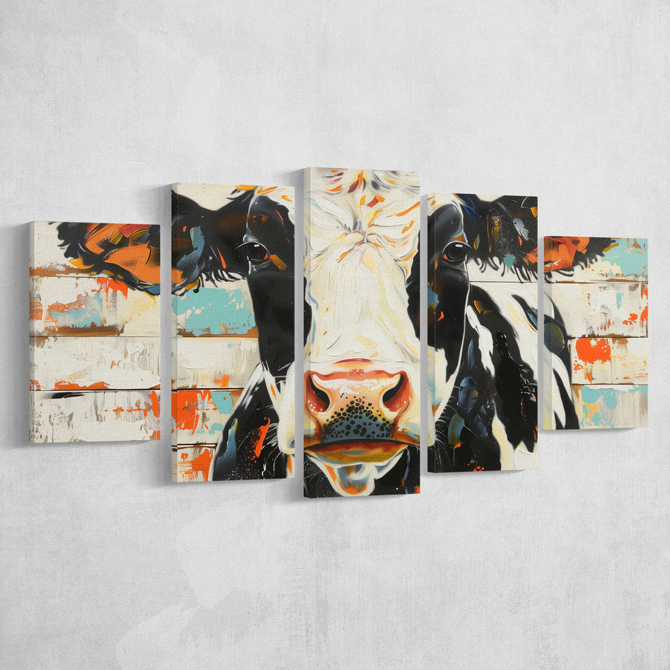 Hignland Cow Painted On Wood Rustic Cabin V4, Multi Panel Canvas Print Wall Art Decor, 5 Mixed Panel