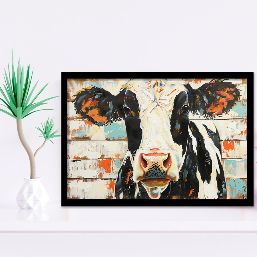 Hignland Cow Painted On Wood Rustic Cabin V4, Framed Art Print Wall Decor, Framed Picture