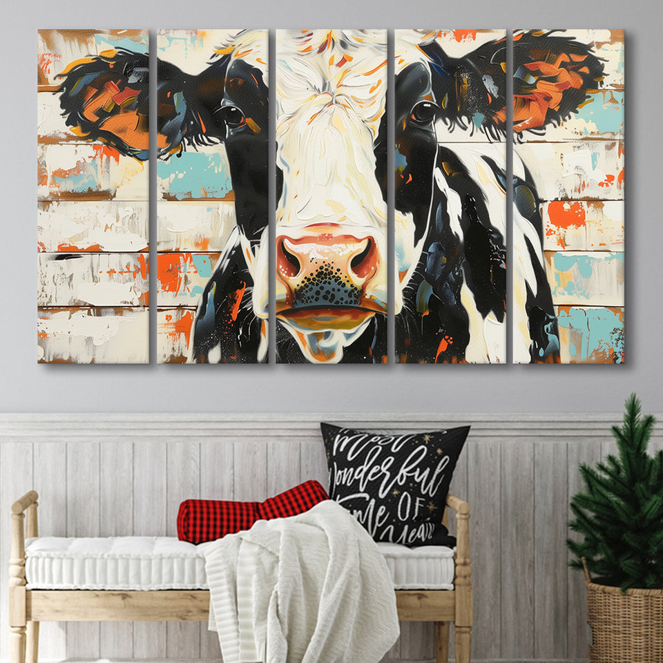 Hignland Cow Painted On Wood Rustic Cabin V4, Extra Large Multi 5 Panel Canvas Print Wall Art Decor