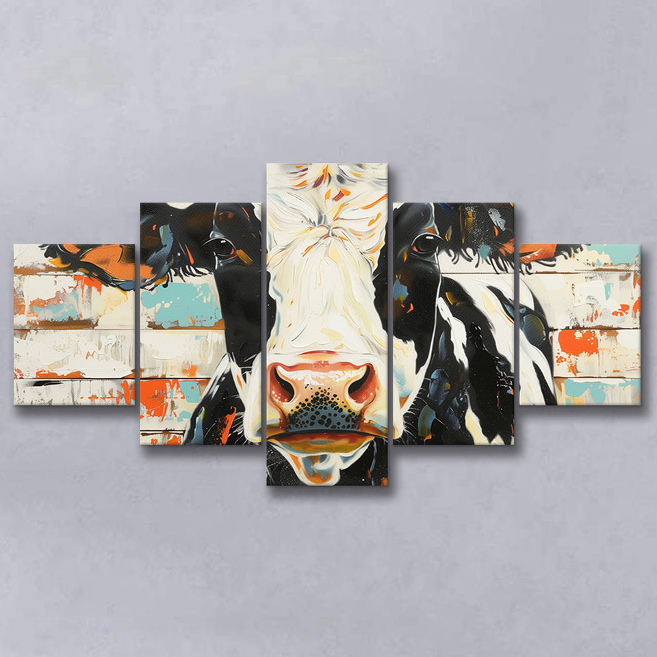 Hignland Cow Painted On Wood Rustic Cabin V4, Multi Panel Canvas Print Wall Art Decor, 5 Mixed Panel