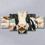 Hignland Cow Painted On Wood Rustic Cabin V4, Multi Panel Canvas Print Wall Art Decor, 5 Mixed Panel